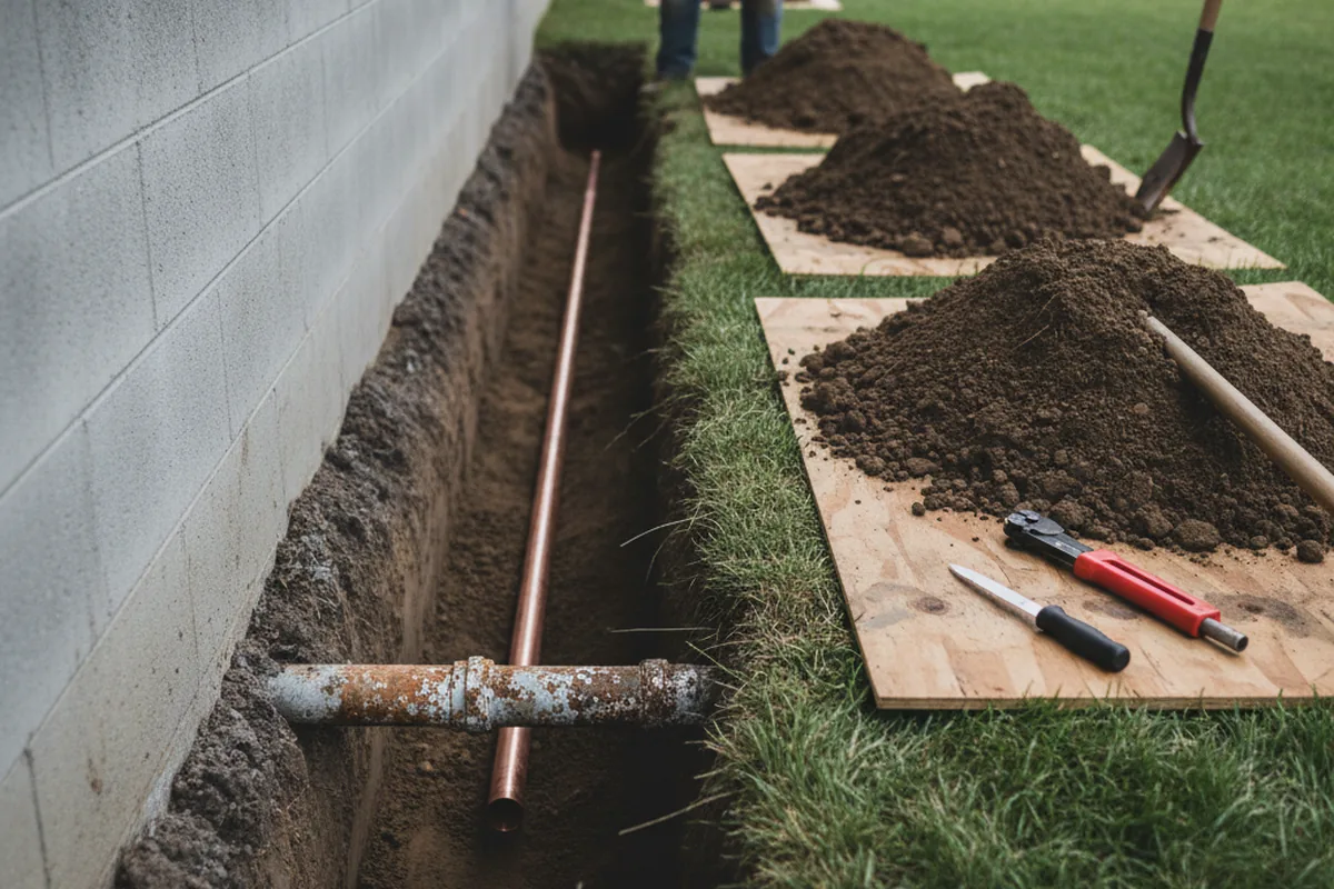 Excavated water line trench during Water Softener Installation in La Coste